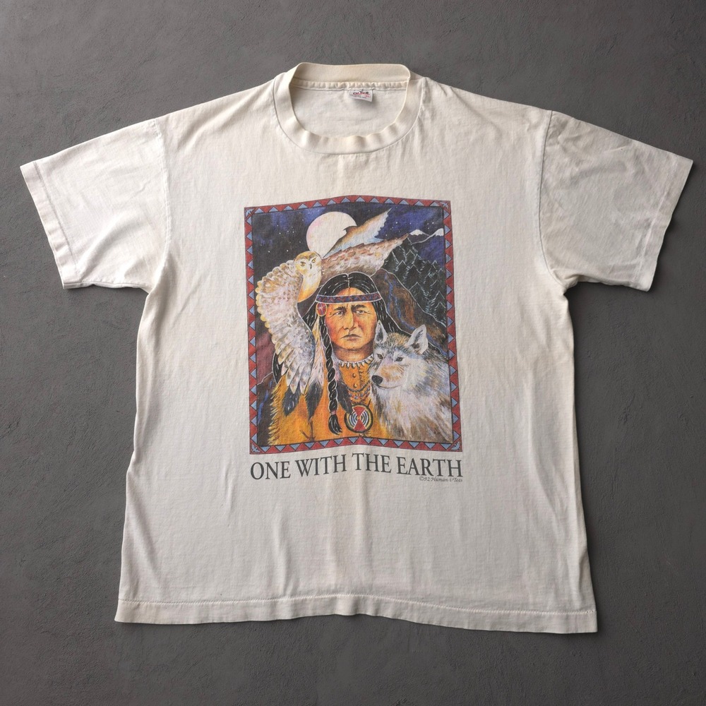 Vintage 90s Human-i-Tees White T-shirt XL One With The Earth Wolf Owl